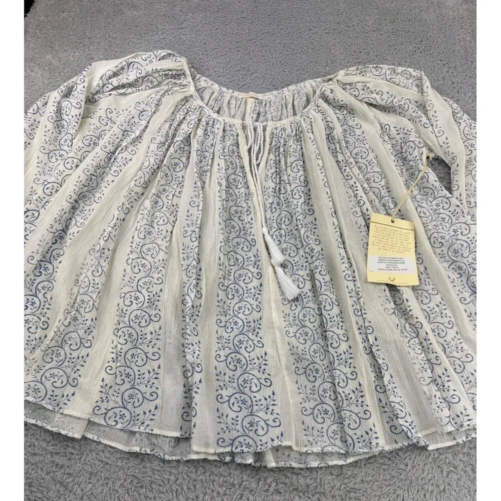 True Religion Womens Boho Top S Blue & White Trellis Print With Princess Seams - Picture 15 of 16